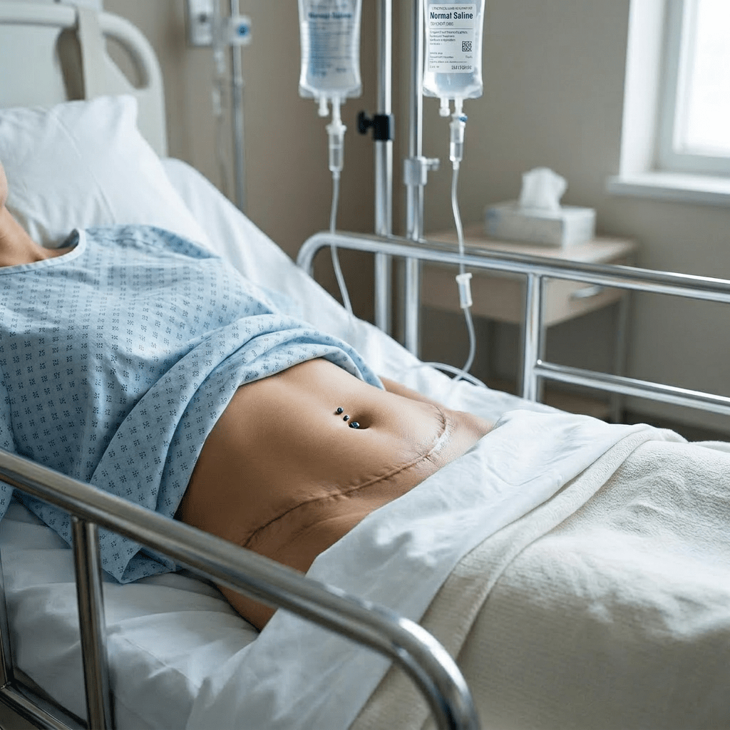 Lower abdomen with horizontal surgical scar and belly button piercing with blue gems